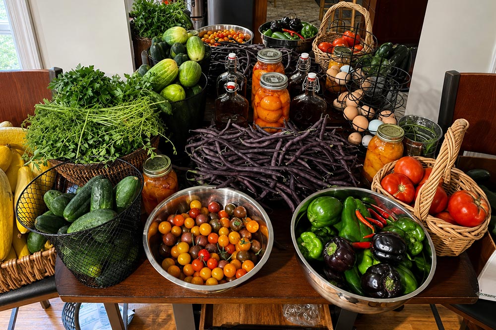 Table filled with a colorful harvest of tomatoes, peppers, cucumbers, purple beans, herbs, eggs, and jars of home-canned produce.
