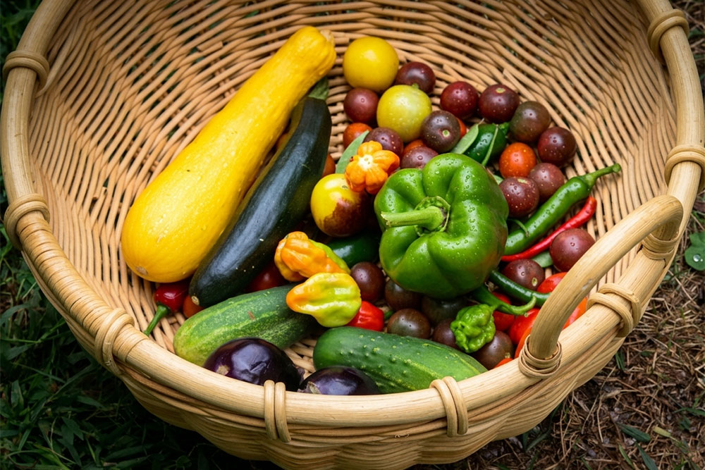 Bountiful Summer Garden Harvest Woven basket filled with fresh yellow squash, cucumbers, peppers, and cherry tomatoes in dramatic studio lighting.