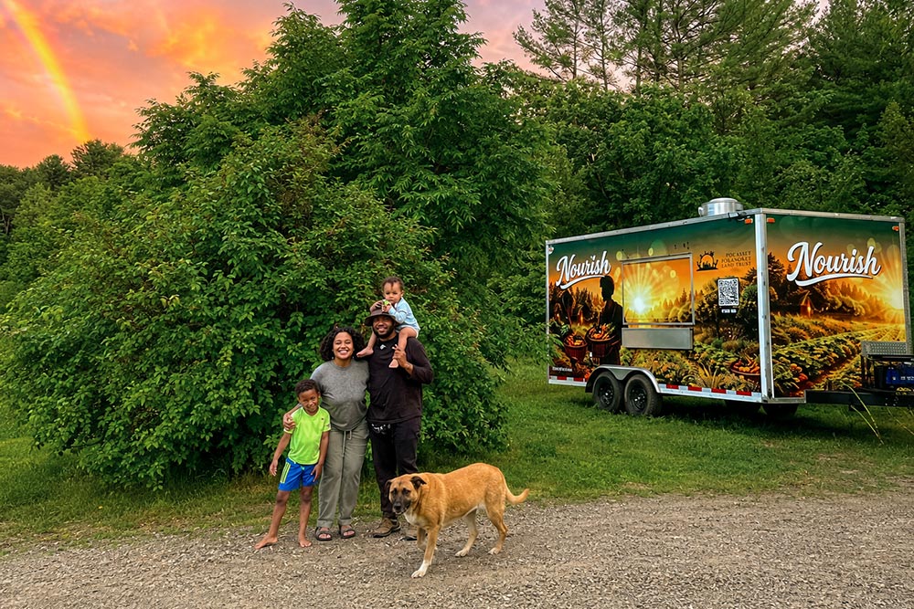 Family and dog standing beside the Nourish mobile food hub trailer under a sunset sky with a rainbow over the trees.
